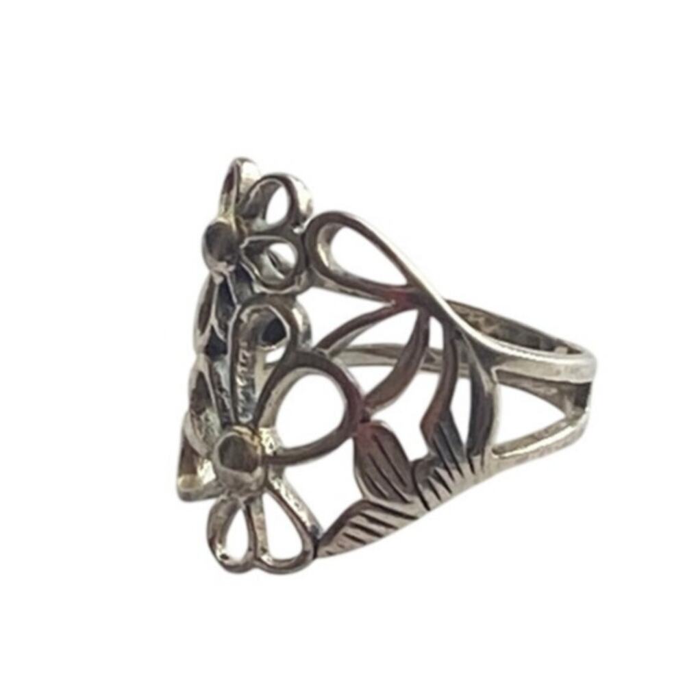 Vintage 925 Thailand Sterling Silver Floral Openwork Filigree Statement Ring 9